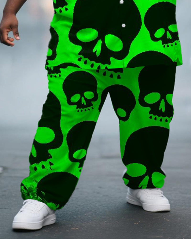 Big & Tall Men's Halloween Green Skull Print Short Sleeve Shirt Trousers Suit