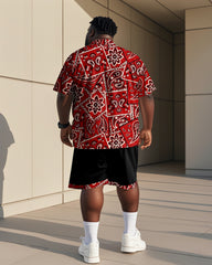 Men's Plus Size Street Fashion Paisley Colorblock Black Red Print Shirt Shorts Suit