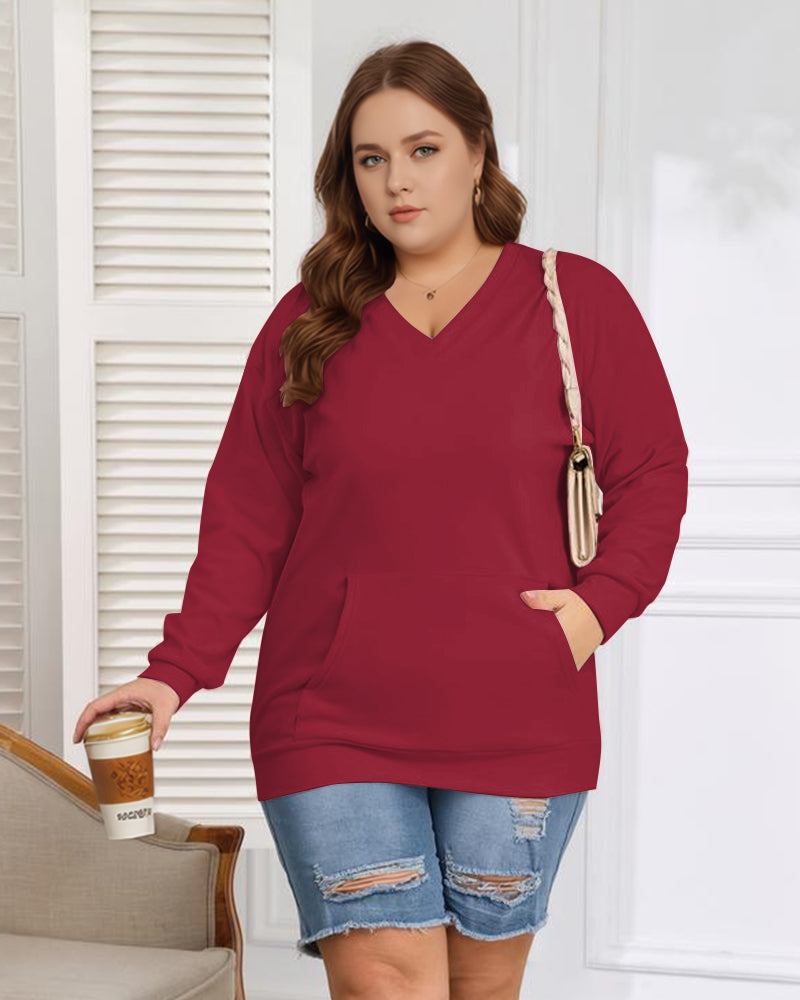 Women's Big And Tall Solid Color V-Neck Kangaroo Pocket Pullover Sweatshirt
