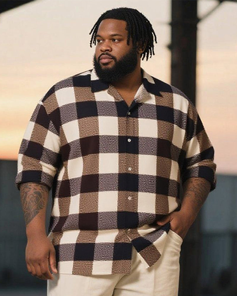 Big & Tall Men's Business Brown Plaid Print Long Sleeve Shirt Trousers Suit
