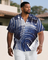 Men's Plus Size White & Blue Large Brush Graffiti Art Short Sleeve Shirt Shorts Suit