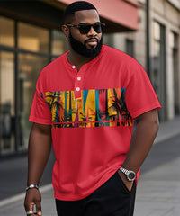 Men's Plus Size Hawaiian Red Coconut Tree Print Henry Collar Button Short Sleeve Tee