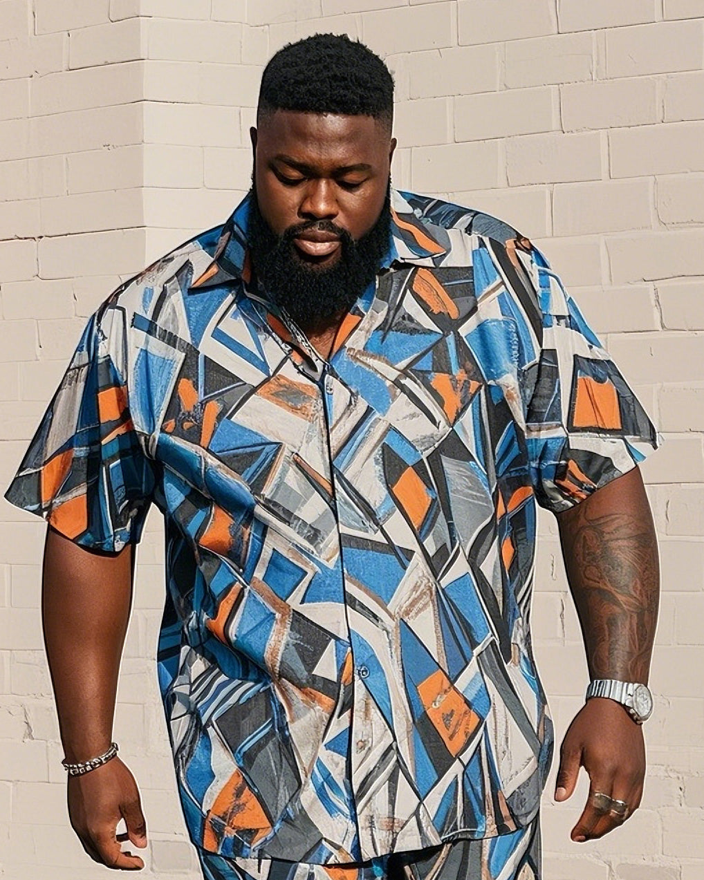 Men's Plus Size Irregular Abstract Geometry Print Short Sleeve Shirt Shorts Suit