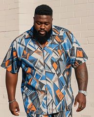 Men's Plus Size Irregular Abstract Geometry Print Short Sleeve Shirt Shorts Suit