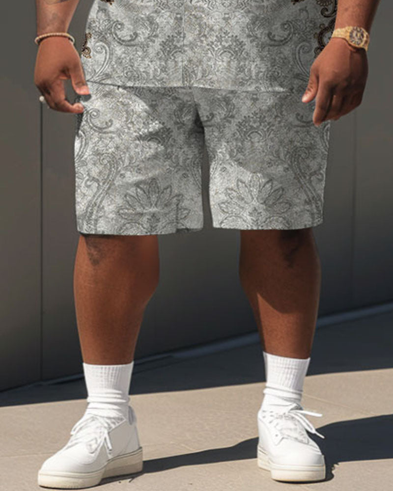 Men's Plus Size Daily Casual Simple Grey Retro Geometric Full Print Shirt Shorts Suit
