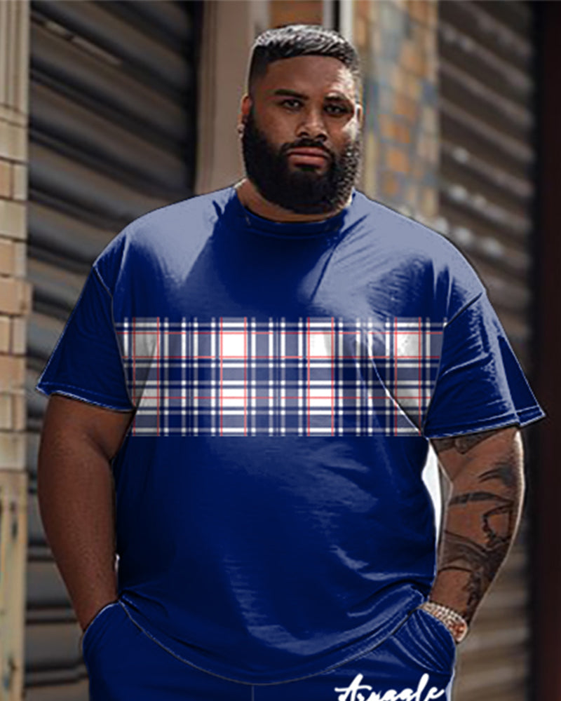 Men's Plus Size Casual Simple Plaid Patchwork Letter Printed T-shirt Shorts Suit