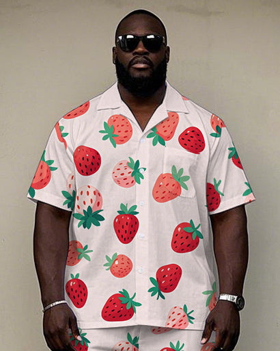 Men's Casual Cute Cartoon Strawberry Printed Big and Tall Cuban Collar Short Sleeve Shirt Shorts Set