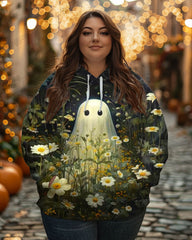 Plus Size Ghost in the Flowers Print Casual Long Sleeve Hoodie