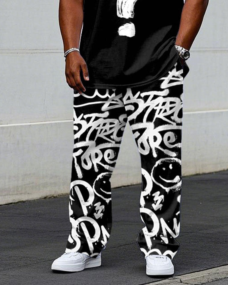 Men's Plus Size Street Fashion Question Mark Graffiti Style Short Sleeve T-Shirt Trousers Suit