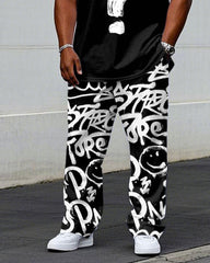 Men's Plus Size Street Fashion Question Mark Graffiti Style Short Sleeve T-Shirt Trousers Suit