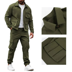 Men's Solid Color Pocket Button Front Shirt & Pants Two-Piece Set