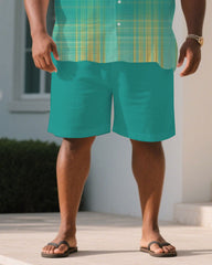 Men's Plus Size Green & Yellow Photon Print Short Sleeve Shirt Shorts Suit