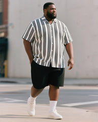 Big & Tall Men's Street Fashion Daily Casual Black And White Striped Shirt Shorts Suit