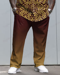 Letter Flower Totem Long Sleeve Lapel Shirt 2 Piece Set Men's Plus Size