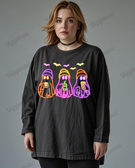 Cute Fluorescent Ghost Print Wash Cotton Long Sleeve Plus Size Top