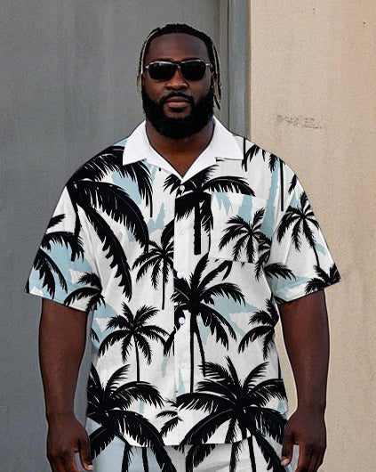 Men's Big Size Hawaiian Fashion Palm Trees Printed Cuban Collar Short Sleeve Shirt Shorts Set