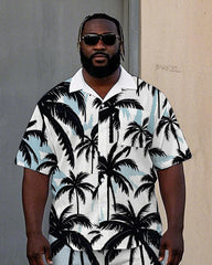 Men's Big Size Hawaiian Fashion Palm Trees Printed Cuban Collar Short Sleeve Shirt Shorts Set