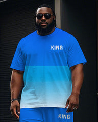 Men's Big & Tall Gradient Splicing Style Letter KING Printed Casual Short Sleeve T-shirt Pants Set