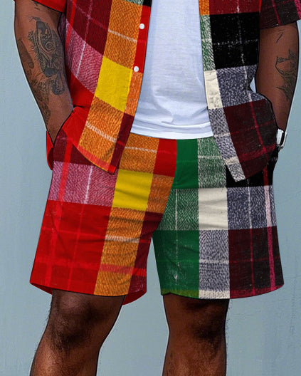 Big Men's Casual Splicing Colorful Plaid Style Short Sleeve Shirt and Shorts Set