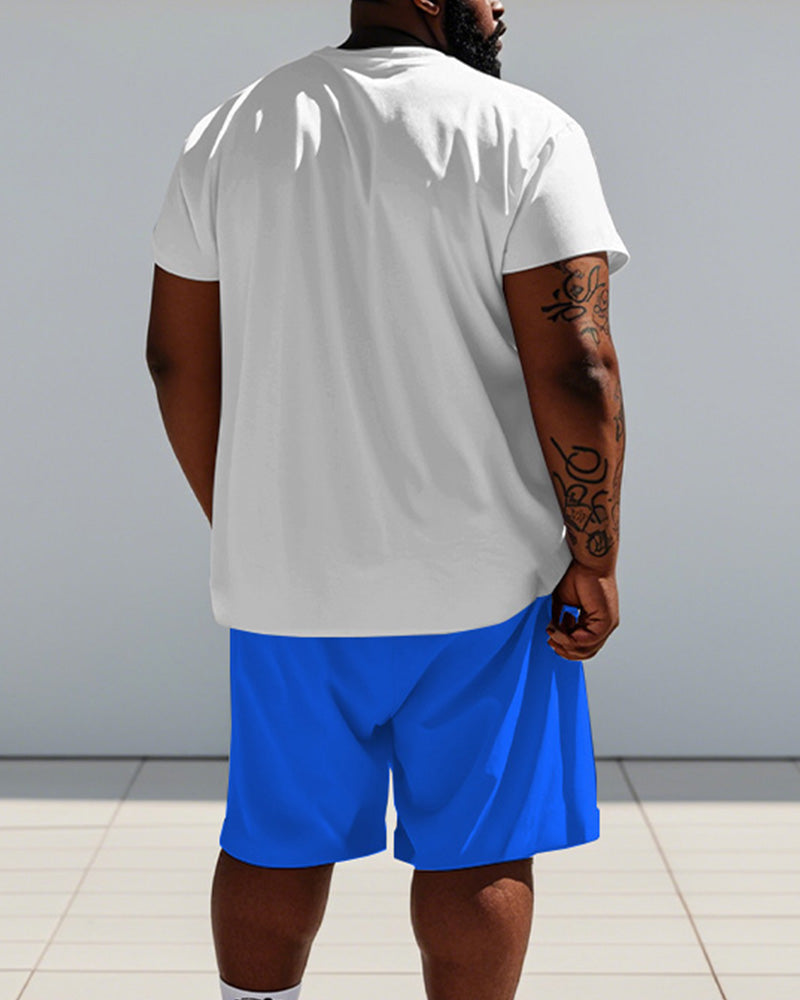 Men's Plus Size Blue Checkerboard Pixel Bear Print Short Sleeve T-Shirt Shorts Suit