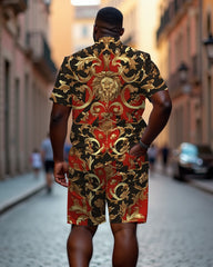 Men's Plus Size Luxury Retro Lion Head Print Casual Cuban Nare Short Sleeve Shirt Shorts Suit