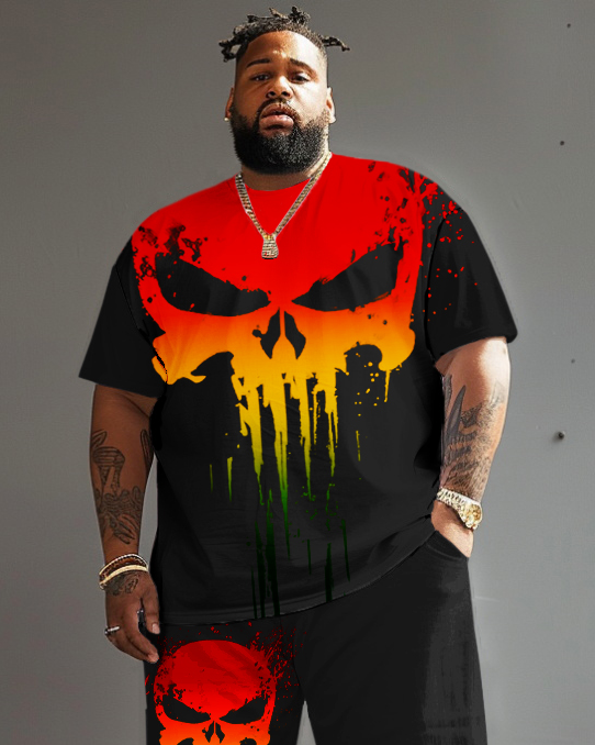 Men's Plus Size Reggae Skull Print T-Shirt Shorts Suit