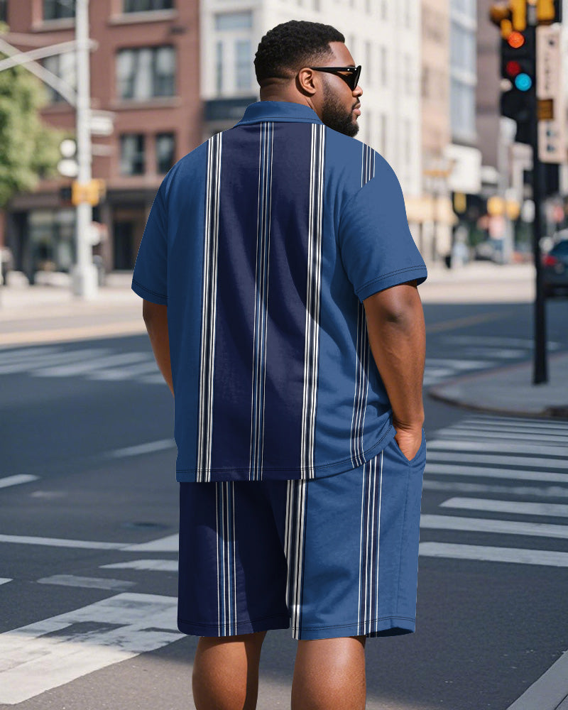 Men's Plus Size Business Blue Stripe Print Short Sleeve Polo Shirt Shorts Suit