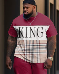Men's Plus Size King Color-Blocked Plaid Casual Street Short-Sleeved Trousers Casual Two-Piece Set