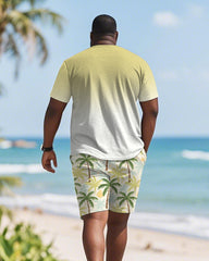Men's Plus Size Green Coconut Tree Gradient Print Round Neck Short Sleeve T-Shirt Shorts Suit