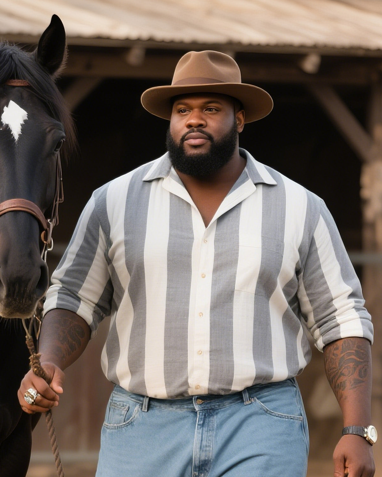 Plus Size Men's Western Style Retro Striped Long Sleeve Shirt Trousers Suit