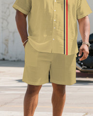 Men's Plus Size Shallow Khaki Chest Small Label Short Sleeve Shirt Shorts Suit