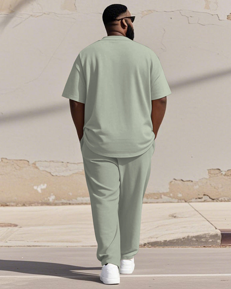 Men's Plus Size Green Colorblock Printed Henry Collar T-shirt Trousers Suit