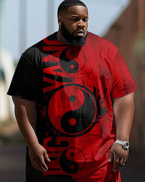 Men's Large Size Hip Hop Tai Chi Yin Yang Street Color Matching Retro Casual Two Piece Set