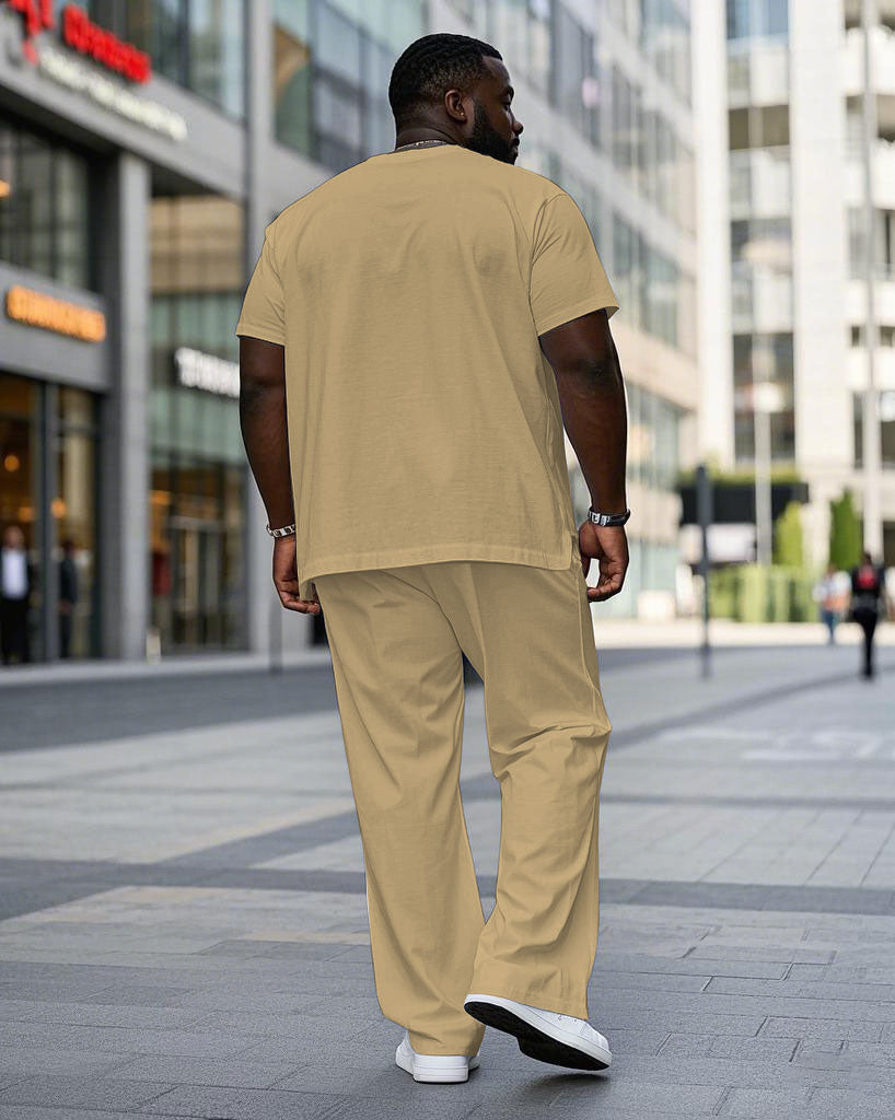 Men's Plus Size Casual Khaki Chest Small Label Printed Short-sleeved T-shirt Trousers Suit