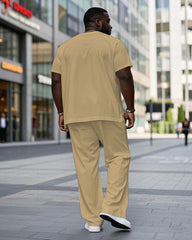 Men's Plus Size Casual Khaki Chest Small Label Printed Short-sleeved T-shirt Trousers Suit