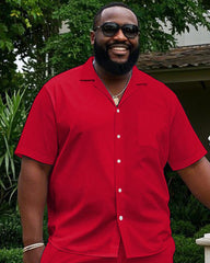 Solid Red Cuban Nose Short Sleeve Shirt Shorts Suit Men's Plus Size