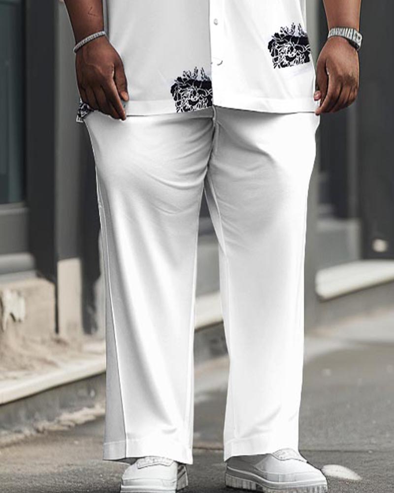 Men's Plus Size Business Flower Print Short Sleeve Shirt Trousers Suit