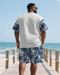 Men's Plus Size Hawaiian Blue Coconut Leaf Print Henry Collar Short Sleeve T-Shirt Shorts Suit