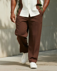 Big & Tall Men's Business Brown Contrast Striped Printed Short Sleeve Shirt Trousers Suit