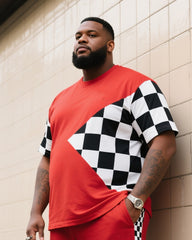 Big Boy Daily Casual Fox Red Chessboard Black And White Plaid Irregular Round Neck Short Sleeve T-Shirt Trousers Suit