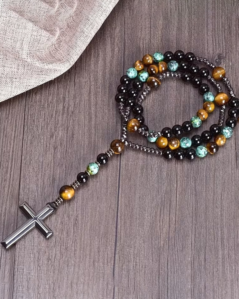Vintage Natural Stone Long Cross Necklace