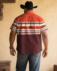 Men's Plus Size Red Color Block Animal Pattern Western Denim Print Short Sleeve Shirt