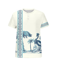 Men's Plus Size Hawaiian Blue Peacock Print Henry Collar Button Short Sleeve Tee