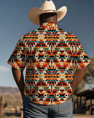 Men's Plus Size Western Style Diamond Color Strip Print Short Sleeve Shirt