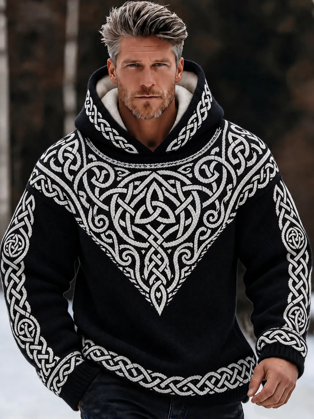 Men's Retro Viking Tribal Celtic Printed  Knit Hooded Sweater