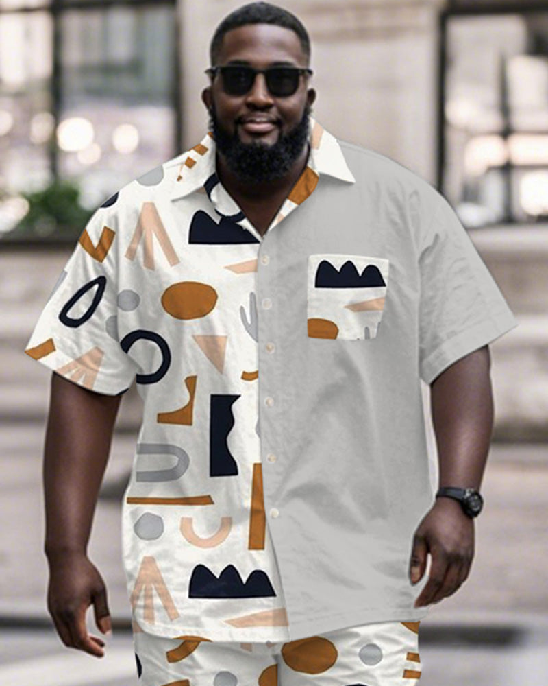 Men's Plus Size Street Fashion Grey Colorblock Geometric Print Shirt Shorts Suit
