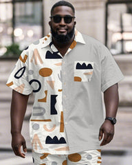 Men's Plus Size Street Fashion Grey Colorblock Geometric Print Shirt Shorts Suit