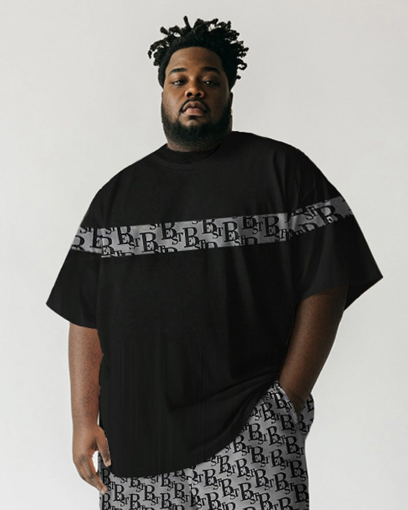 Men's Plus Size Black Stripe Letter Patchwork Print Short Sleeve T-Shirt Shorts Suit