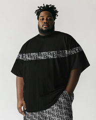 Men's Plus Size Black Stripe Letter Patchwork Print Short Sleeve T-Shirt Shorts Suit