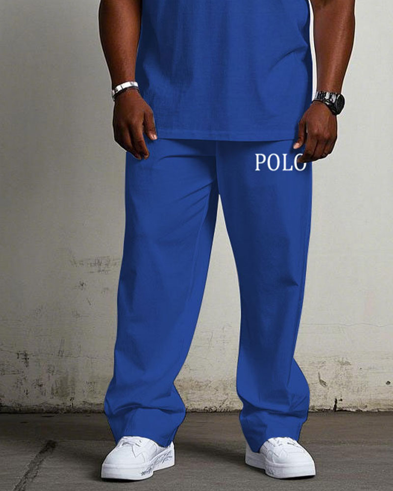 Men's Plus Size Blue & Black & White Colorblock Printed Chest Short-sleeved T-shirt Trousers Suit